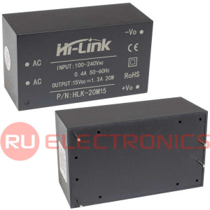 Блок питания на печатную плату Hi-Link HLK-20M15, 85-264 В (АС) 1.3 А, 15 В, корпус из          поликарбоната.