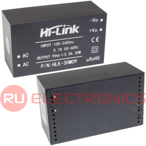 Блок питания на печатную плату Hi-Link HLK-30M09, 85-264 В (АС) 3.3 А, 9 В, корпус из              поликарбоната.