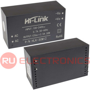 Блок питания на печатную плату Hi-Link HLK-30M12, 85-264 В (АС) 2.5 А, 12 В, корпус из                поликарбоната.