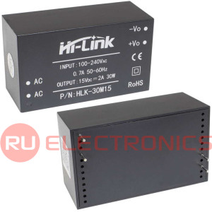Блок питания на печатную плату Hi-Link HLK-30M15, 85-264 В (АС) 2 А, 15 В, корпус из                  поликарбоната.