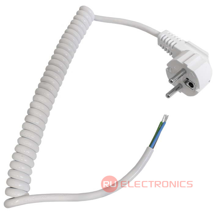 Шнур сетевой RUICHI спиральный с евровилкой без розетки, для полотенцесушителя 3х0.75,    1700 мм, белый