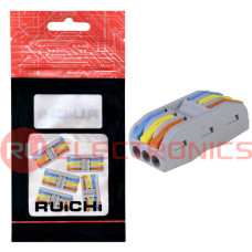 Клемма зажимная проходная 6-контактная 3-проводная RUICHI LC-203, медь, цвет красный/синий/желтый, упаковка 5 шт.
