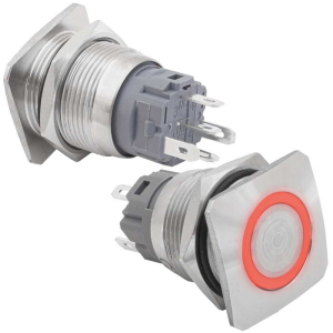 Кнопка антивандальная RUICHI GQ19E-10E/R/N off-(on), рабочая температура -25…+55 °C,      никелированная латунь, красная, с квадратной фаской