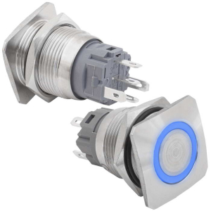 Кнопка антивандальная RUICHI GQ19E-10E/B/N off-(on), рабочая температура -25…+55 °C,      никелированная латунь, синяя, с квадратной фаской