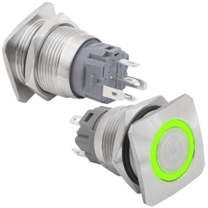 Кнопка антивандальная RUICHI GQ19E-10E/G/N off-(on), рабочая температура -25…+55 °C,      никелированная латунь, зелёная, с квадратной фаской