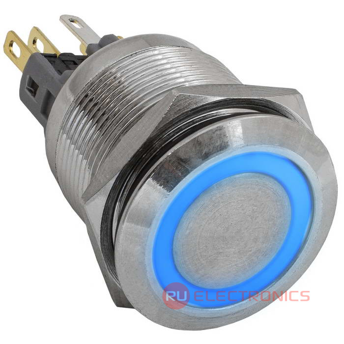 Кнопка антивандальная RUICHI GQ22-11E/B/N, ON-(OFF)+OFF-(ON), рабочая температура -  25…+55 °C, никелированная латунь