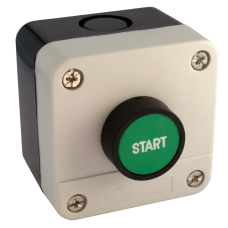 Кнопочный пост RUICHI GB2-B103, (N/O) - запуск электроустановки, IP40/IP65, 10 А, 68х68 мм, открытой установки, черный/серый, кнопка зелёная 