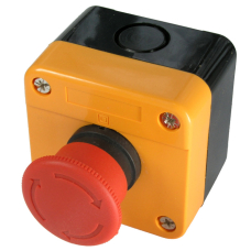 Кнопочный пост RUICHI GB2-J174, NC-NO с возвратно-поворотным толкателем - аварийная остановка электрооборудования, IP40/IP65, 10 А, 68х68 мм, открытой установки, черный/оранжевый, кнопка красная