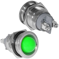 Индикатор антивандальный RUICHI GQ19SR-G, цвет зеленый, точечный излучатель, 12-24 В, 15 мА, гибкие выводы, никелированная латунь