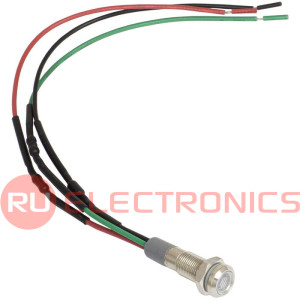 Индикатор антивандальный RUICHI GQ6WF-RG, двухцветный, точечный излучатель, 12-24 В, 15  мА, гибкие выводы, никелированная латунь