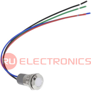 Индикатор антивандальный RUICHI GQ10WF-RG, трёхцветный, точечный излучатель, 12-24 В,   15  мА, гибкие выводы, никелированная латунь