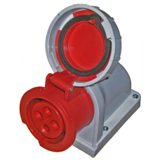 Розетка силовая стационарная внешняя стандарта CEE RUICHI 1241, 3Р+PЕ, 32 А, 380 В, IP44, цвет красный, корпус пластиковый с герметичной закрывающейся крышкой