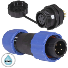 Герметичный разъем (комплект) с заглушкой SZC 28 5P-M-FB, вилка-розетка, 5 контактов, диаметр входящего кабеля 6.5 мм, IP68, 5 А, 250 В, корпус PA66 UL94V-0, черный, накидные гайки синие