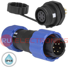 Герметичный разъем (комплект) с заглушкой SZC 28 6P-M-FB, вилка-розетка, 6 контактов, диаметр входящего кабеля 6.5 мм, IP68, 5 А, 250 В, корпус PA66 UL94V-0, черный, накидные гайки синие