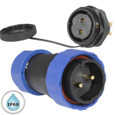 Герметичный разъем (комплект) с заглушкой SZC 28 2P-M-FB, вилка-розетка, 2 контакта, диаметр входящего кабеля 15 мм, IP68, 5 А, 250 В, корпус PA66 UL94V-0, черный, накидные гайки синие