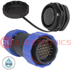 Герметичный разъем (комплект) с заглушкой SZC 28 22P-M-FB, вилка-розетка, 22 контакта, диаметр входящего кабеля 15 мм, IP68, 5 А, 250 В, корпус PA66 UL94V-0, черный, накидные гайки синие