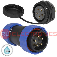 Герметичный разъем (комплект) с заглушкой SZC 28 5P-M-FB, вилка-розетка, 5 контактов, диаметр входящего кабеля 15 мм, IP68, 5 А, 250 В, корпус PA66 UL94V-0, черный, накидные гайки синие