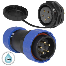 Герметичный разъем (комплект) с заглушкой SZC 28 5P-M-FB, вилка-розетка, 5 контактов, диаметр входящего кабеля 15 мм, IP68, 5 А, 250 В, корпус PA66 UL94V-0, черный, накидные гайки синие