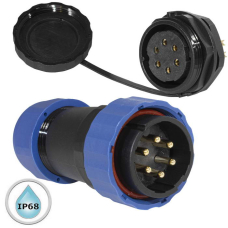 Герметичный разъем (комплект) с заглушкой SZC 28 6P-M-FB, вилка-розетка, 6 контактов, диаметр входящего кабеля 15 мм, IP68, 5 А, 250 В, корпус PA66 UL94V-0, черный, накидные гайки синие
