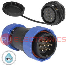 Герметичный разъем (комплект) с заглушкой SZC 28 10P-M-FB, вилка-розетка, 10 контактов, диаметр входящего кабеля 15 мм, IP68, 5 А, 250 В, корпус PA66 UL94V-0, черный, накидные гайки синие