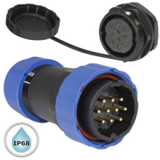Герметичный разъем (комплект) с заглушкой SZC 28 10P-M-FB, вилка-розетка, 10 контактов, диаметр входящего кабеля 15 мм, IP68, 5 А, 250 В, корпус PA66 UL94V-0, черный, накидные гайки синие
