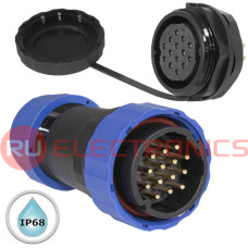 Герметичный разъем (комплект) с заглушкой SZC 28 14P-M-FB, вилка-розетка, 14 контактов, диаметр входящего кабеля 15 мм, IP68, 5 А, 250 В, корпус PA66 UL94V-0, черный, накидные гайки синие