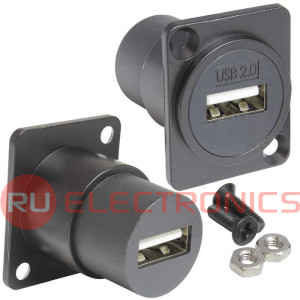 Панельный модуль (переходник) передачи данных USB RUICHI USB 2.0 A(F)-A(F) PS, прямой порт USB, 5В, 0.5 А, крепление винты/саморезы, корпус из цинка, цвет черный