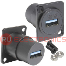 Панельный модуль (переходник) передачи данных USB RUICHI USB 3.0 A(F)-A(F) PS, прямой порт USB, 5В, 0.5 А, крепление винты/саморезы, корпус из цинка, цвет черный