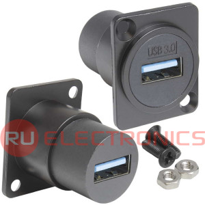 Панельный модуль (переходник) передачи данных USB RUICHI USB 3.0 A(F)-A(F) PS, прямой порт USB, 5В, 0.5 А, крепление винты/саморезы, корпус из цинка, цвет черный