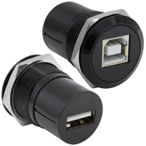 Панельный модуль (переходник) передачи данных USB RUICHI USB 2.0 B(M)-A(F) PN, прямой  порт USB, 5В, 0.5 А,  крепление гайка с резьбой, корпус пластиковый, цвет черный