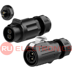 Герметичный разъем (комплект) RUICHI SF2011/PS-2P, вилка-розетка на кабель, 2 контакта,  винтовой зажим, диаметр входящего кабеля 5-12 мм, IP67 черный