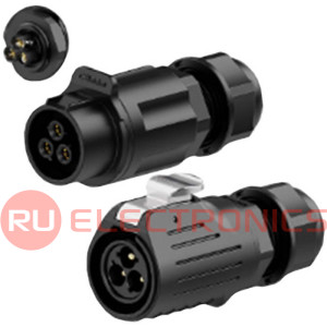 Герметичный разъем (комплект) RUICHI SF2011/PS-3P, вилка-розетка на кабель, 3 контакта,  винтовой зажим, диаметр входящего кабеля 5-12 мм, IP67 черный