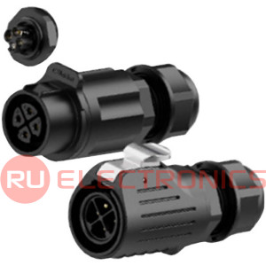 Герметичный разъем (комплект) RUICHI SF2011/PS-4P, вилка-розетка на кабель, 4 контакта,  винтовой зажим, диаметр входящего кабеля 5-12 мм, IP67 черный