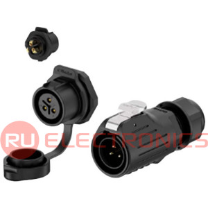 Герметичный разъем (комплект) RUICHI SF2011/P-3P, вилка (кабель) -розетка (панель), 3  контакта,  винтовой зажим, диаметр входящего кабеля 5-12 мм, IP67 черный