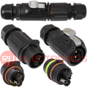 Герметичный разъем (комплект) RUICHI SF2011/PS-2P, вилка-розетка на кабель, 2 контакта,  винтовой зажим, диаметр входящего кабеля 5-12 мм, IP67 черный
