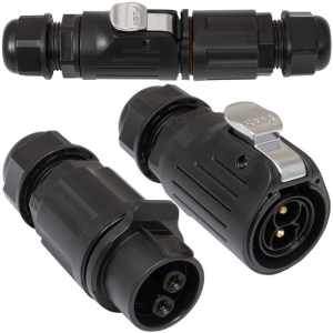 Герметичный разъем (комплект) RUICHI SF2011/PS-2P, вилка-розетка на кабель, 2 контакта,  винтовой зажим, диаметр входящего кабеля 5-12 мм, IP67 черный