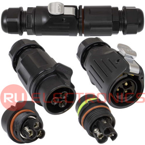 Герметичный разъем (комплект) RUICHI SF2011/PS-3P, вилка-розетка на кабель, 3 контакта,  винтовой зажим, диаметр входящего кабеля 5-12 мм, IP67 черный