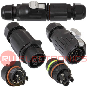 Герметичный разъем (комплект) RUICHI SF2011/PS-4P, вилка-розетка на кабель, 4 контакта,  винтовой зажим, диаметр входящего кабеля 5-12 мм, IP67 черный