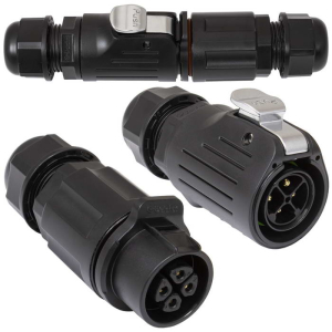 Герметичный разъем (комплект) RUICHI SF2011/PS-4P, вилка-розетка на кабель, 4 контакта,  винтовой зажим, диаметр входящего кабеля 5-12 мм, IP67 черный