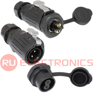 Герметичный разъем (комплект) RUICHI SF2011/P-2P, вилка (кабель) -розетка (панель), 2  контакта, винтовой зажим, диаметр входящего кабеля 5-12мм, IP67 черный