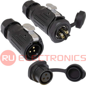 Герметичный разъем (комплект) RUICHI SF2011/P-3P, вилка (кабель) -розетка (панель), 3  контакта,  винтовой зажим, диаметр входящего кабеля 5-12 мм, IP67 черный