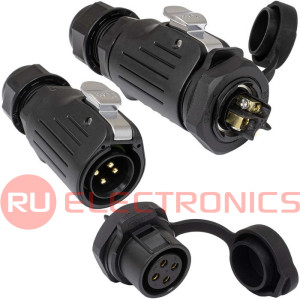 Герметичный разъем (комплект) RUICHI SF2011/P-4P, вилка (кабель) -розетка (панель), 4  контакта,  винтовой зажим, диаметр входящего кабеля 5-12 мм, IP67 черный