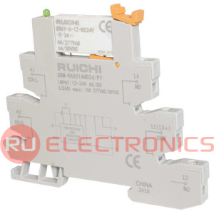 Интерфейсный модуль реле RUICHI SRM-RA501AND24/P1, 6 А, 12-24 В AC/DC, 1 перекидной    контакт, моностабильное переключение, с колодкой, винтовое соединение