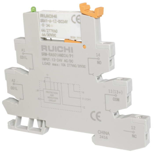 Интерфейсный модуль реле RUICHI SRM-RA501AND24/P1, 6 А, 12-24 В AC/DC, 1 перекидной    контакт, моностабильное переключение, с колодкой, винтовое соединение