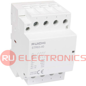 Модульный электронный контактор RUICHI STR63-40 4NO 63А 230В катушка, 500В, AC-7a/AC-    7b, DIN-рейка 35 мм, IP20