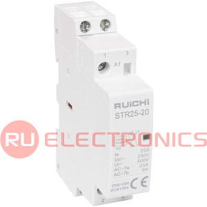Модульный электронный контактор RUICHI STR25-20 2NO 25А 230В катушка, 500В, AC-7a/AC- 7b, DIN-рейка 35 мм, IP20
