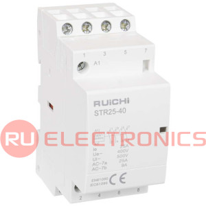 Модульный электронный контактор RUICHI STR25-40 4NO 25А 230В катушка, 500В, AC-7a/AC-  7b, DIN-рейка 35 мм, IP20