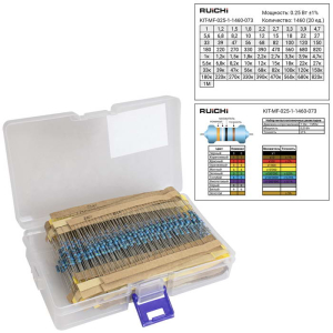 Набор выводных металлопленочных резисторов RUICHI KIT-MF-025-1-1460-073, 1460 штук (73    номиналов по 20 штук), 0.25 Вт, 1%, 1 Ом - 1 МОм