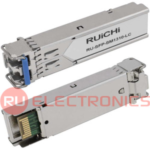 SFP модуль RUICHI RU-SFP-SM1310-LC  Два волокна Single Mode. Скорость: до 1,25 Гбит/c. Тип  разъема: 2xLC. Расстояние передачи - до 20км. Рабочая длина волны,нм - Tx:1310/Rx:1310.  Поддержка DDM.