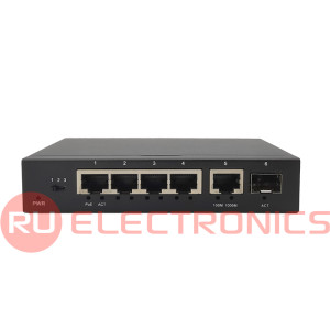 Коммутатор RU-SW-4G1S-P Gigabit Ethernet на 4GE PoE + 1 GE SFP порта. Порты: 4xGE   (10/100/1000Base-T) с PoE (до 30W) + 1xGE SFP (1000Base-X). Соответствует стандартам PoE IEEE   802.3af/at. Lite Management.